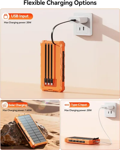 Miniatura 5 de Cargador solar-banco de energía – Cargador de batería solar de 20000 mAh, cargador de batería solar, cables integrados de carga rápida de 20 W