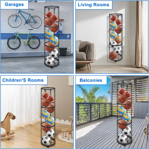 Miniatura 5 de Estante vertical de almacenamiento de bolas de 3 capas, soporte de pared para baloncesto, jaula para fútbol, voleibol, organizador deportivo