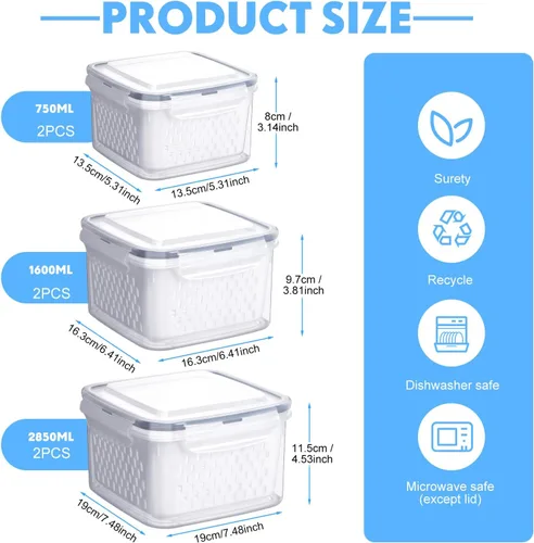 Miniatura 2 de 6 recipientes de almacenamiento de frutas para refrigerador, contenedores de almacenamiento de alimentos, frutas y frutas, frutas y verduras, carne