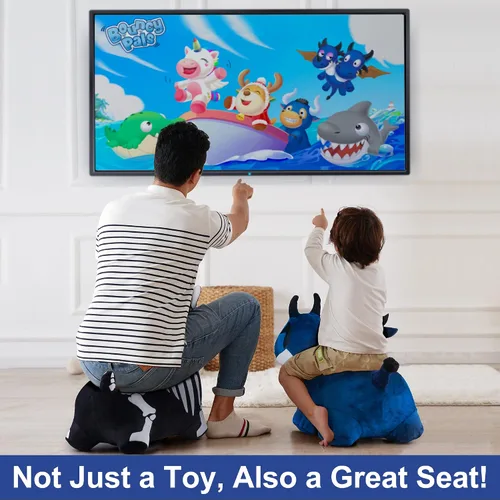 Miniatura 6 de iPlay, iLearn juguetes de animales saltarines para niños pequeños, caballo saltarín de felpa azul, dragón inflable para montar con bomba, saltarín