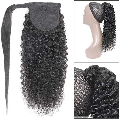Miniatura 3 de Extensiones de cabello humano Yaki Afro Kinky rizado cola de caballo con cordón, cabello humano de color natural con clip, cola de caballo rizado