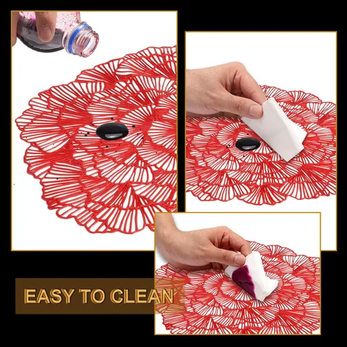 Miniatura 3 de uxcell Juego de 4 manteles individuales redondos de flores rojas para mesas de cena, manteles individuales metálicos de polivinilo prensado