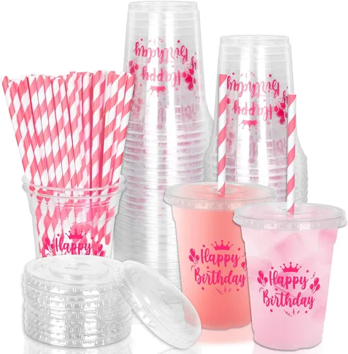 Miniatura 27 de Whaline 50 vasos de plástico desechables patrióticos de 12 onzas con tapas y pajitas con la bandera estadounidense del 4 de julio, vasos