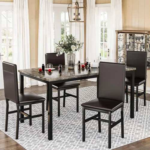 Miniatura 9 de Conjunto de mesa de comedor Lamerge para 4, mesa de mármol sintético y 4 sillas de cuero PU, mesa y sillas de cocina para 4, conjuntos modernos