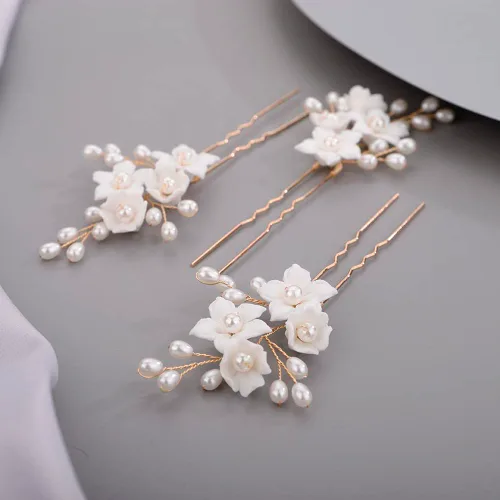 Miniatura 3 de Horquillas para el cabello de flores de novia, hojas, para novia, mujeres, delicadas perlas, perlas, horquillas para el cabello para niñas, dorado