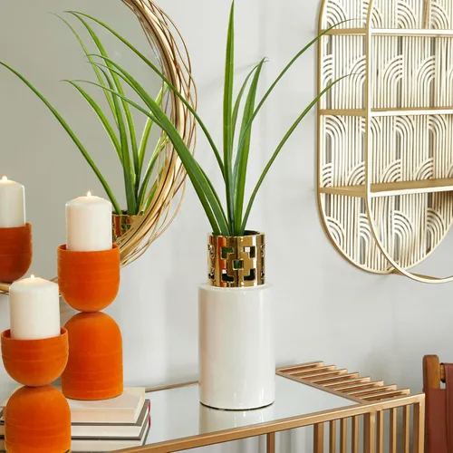Miniatura 5 de CosmoLiving by Cosmopolitan Jarrón decorativo de cerámica con detalles dorados recortados, florero para decoración del hogar, 5 x 5 x 12 pulgadas