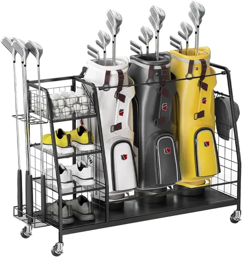 Organizador de bolsas de golf para garaje – Estante de almacenamiento de 3 bolsas de golf con ruedas bloqueables – Soporte para equipos de golf –