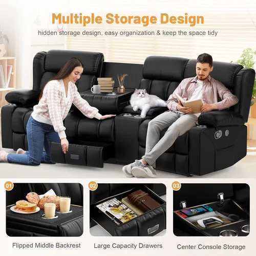 Miniatura 3 de Dresegmt - Juego de sofá reclinable con consola de almacenamiento, diseño de respaldo central abatible, sofá de piel sintética y sillón reclinable