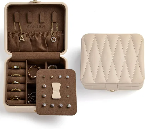 KAMIER Joyero de viaje, de cuero acolchado con diamante, cajas de joyería portátiles para mujeres y niñas, organizador pequeño para collares,