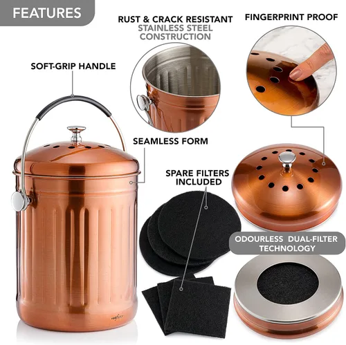 Miniatura 5 de RED FACTOR Contenedor de Compost Premium para Encimera de Cocina - Cubo de Residuos de Alimentos de Acero Inoxidable con Tecnología Innovadora