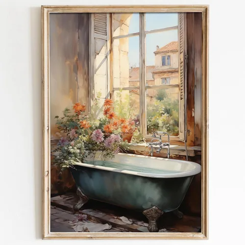 Arte de pared para bañera con flores, cuadros de flores vintage para bañera, póster de ventana de flores, cuadros florales coloridos, arte de pared