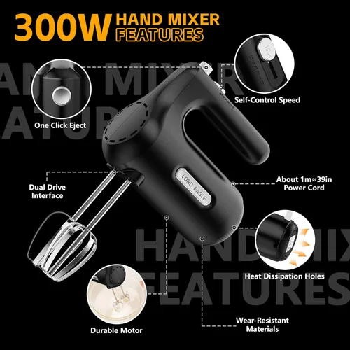 Miniatura 8 de Lord Eagle Batidora de mano eléctrica de 5 velocidades, batidora de mano compacta de 300 W, batidor de huevos de cocina portátil con 5 accesorios