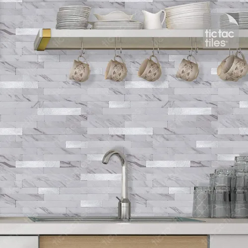 Miniatura 3 de Tic Tac Tiles Autoadhesivo extraíble para la loseta del muro de la cocina o el baño, azulejos metálicos (blanco mármol, 1)
