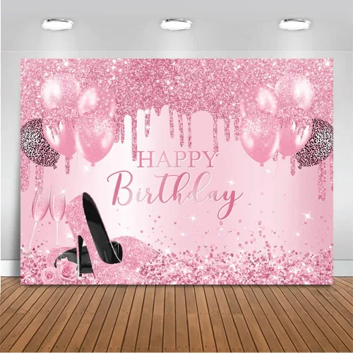 Mocsicka Telón de fondo de color oro rosa para decoración de fiesta de cumpleaños, globos con purpurina, tacones altos, fondo de fiesta de