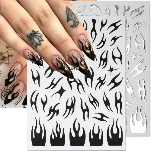 Miniatura 6 de 8 hojas de calcomanías de arte de uñas con llama irregular, plateado metálico, negro, blanco, oro, calcomanías autoadhesivas Y2k para diseño de uñas