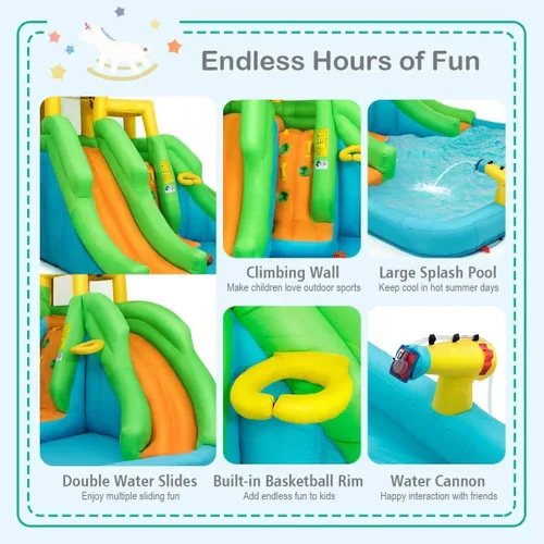 Miniatura 3 de OLAKIDS Tobogán acuático inflable, casa de rebote 6 en 1 con 2 toboganes, pared de escalada, piscina de salpicaduras, borde de baloncesto, pistola