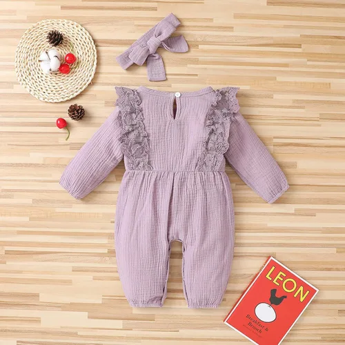 Miniatura 3 de Mono de algodón para bebé, ropa de niña con lazo para niña, un mameluco de encaje de lino para niñas de 0 a 24 meses (morado, 12 a 18 meses)
