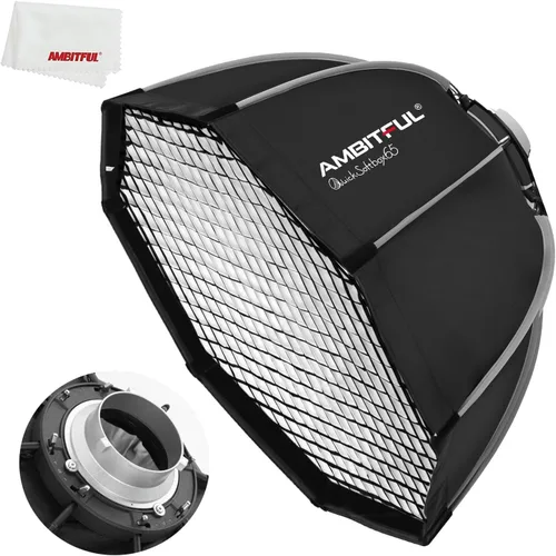 AMBITFUL Caja de luz octogonal de liberación rápida de 25.6 pulgadas, caja suave Bowens Mount con rejilla de panal, difusores dobles, bolsa de