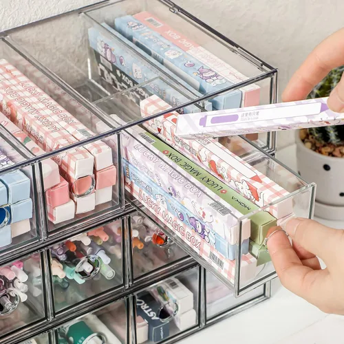 Miniatura 3 de Paquete de 3 cajones de almacenamiento de acrílico apilables, organizador de escritorio, cajas de almacenamiento de cosméticos transparentes, diseño