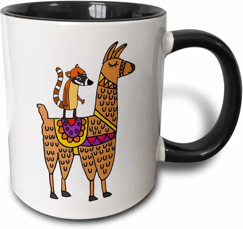 3dRose Cute Funny Coati Mundi Riding Llama cartoon 11oz Two-Tone Black Mug