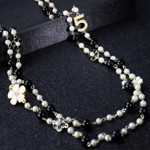 Miniatura 6 de Collar largo de perlas de flores número 5, collar de camelia en capas, adecuado para bodas de fiesta de mujer., aleación, Perla