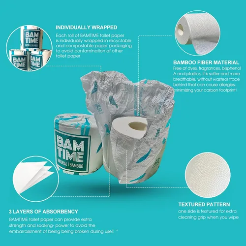 Miniatura 3 de Papel higiénico, 100% papel higiénico de bambú de 3 capas, 24 rollos, 300 hojas, 7200 unidades, paquete de 24, sin plástico, sin árboles