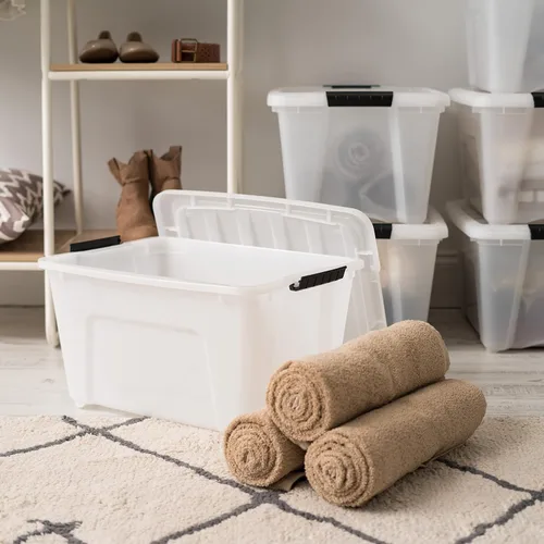 Miniatura 5 de IRIS USA - Contenedores de almacenamiento de plástico apilables de 32 cuartos de galón con tapas y hebillas de cierre, paquete de 4 unidades, Perla