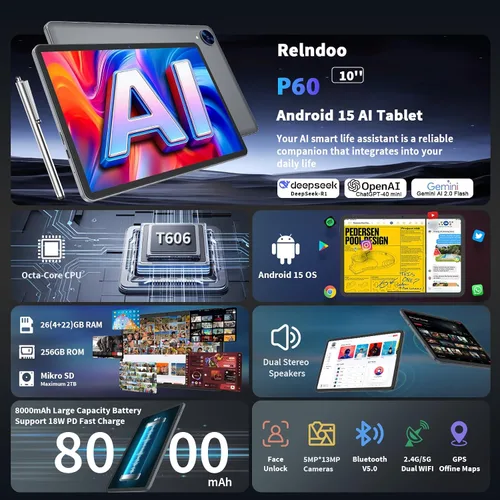 Miniatura 2 de Tablet Android 15 2026, tableta de 10 pulgadas con teclado, 24 GB+256 GB+2 TB expandir, tabletas 2 en 1 con 8 núcleos, WiFi 5G, 8000 mAh, BT5.0