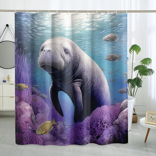 Miniatura 15 de Juego de cortinas de ducha de ballena azul, divertidas cortinas de ducha de dibujos animados de océano para baño, decoración de baño para niños