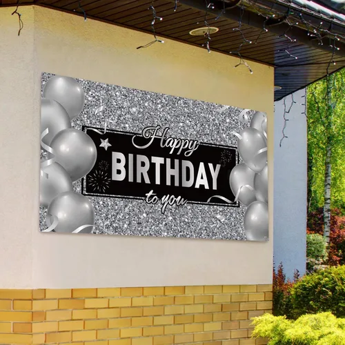 Miniatura 6 de Sumind Cartel de feliz cumpleaños negro y plateado para decoración de fiesta de cumpleaños para hombres y mujeres, suministros de decoración