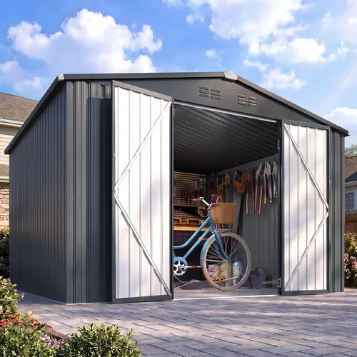 Miniatura 19 de AECOJOY Cobertizo de almacenamiento de metal para exteriores de 3 x 5 pies, cobertizo de herramientas de jardín resistente con puerta de gran