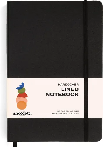 ANECDOTE. Cuaderno de diario rayado, 192 páginas, tamaño A5: 8.3 "x 5.4", papel grueso de 100 GSM, a rayas, tapa dura, diario para mujeres y Negro