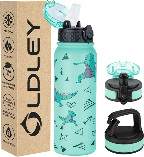 Miniatura 39 de Botella de agua aislada Oldley de 12 oz con pajita, botella de agua de acero inoxidable con 2 tapas, botellas de doble pared con vacío para adultos