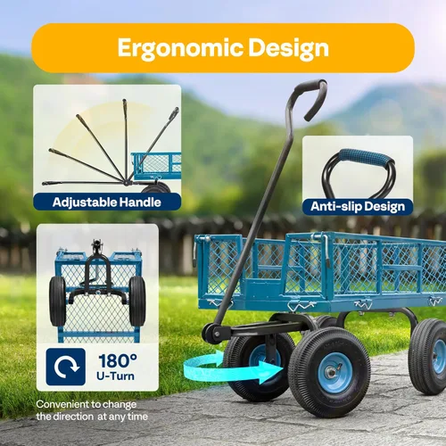 Miniatura 7 de VIVOHOME Carrito de Jardín de Acero con Malla de Servicio Pesado con Capacidad de 880 Libras, Vagón Utilitario Plegable con Lados Removibles y Azul