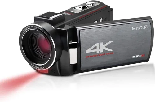 Minolta Videocámara: digital 4K, video Ultra HD a 24 fps, fotos de 30 MP, visión nocturna con IR, zoom 16X, antivibración, pantalla táctil IPS de 3