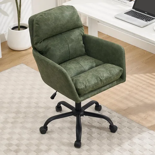 Silla de oficina de piel sintética con asiento acolchado grueso, giratorio de 360°, silla de escritorio ajustable en altura con base de metal Verde