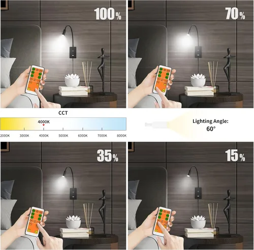 Miniatura 4 de Lámpara LED de noche montada en la pared con cuello de cisne flexible, control remoto, montaje en pared, luz LED de punto de lectura para Negro