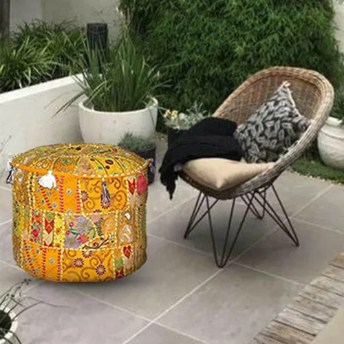 Miniatura 7 de Puf indio con reposapiés – Funda de puf otomano bordada étnica – Puf redondo de algodón – Amarillo, 22 x 14 pulgadas
