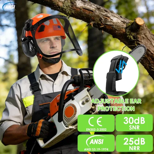 Miniatura 6 de Aolamegs Casco de motosierra con protector facial y orejeras, casco forestal naranja con protección auditiva y máscara de malla completa, casco