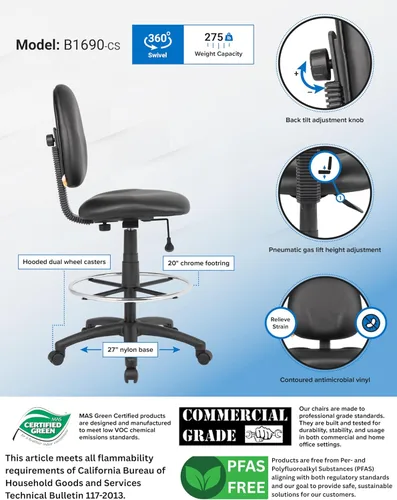 Miniatura 3 de Boss Office Products Stand Up Caressoft Taburete de dibujo sin brazos en negro