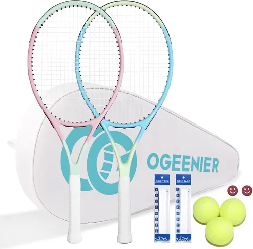 OGEENIER Juego de 2 raquetas de tenis para adultos, 27 pulgadas preencordadas para principiantes, juego de raquetas de tenis de aluminio ligeras con