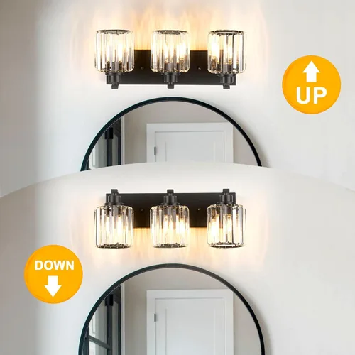 Miniatura 4 de 3 luces de cristal para tocador de baño, moderna lámpara de baño negra sobre espejo, luces de tocador para dormitorio, baño, pasillo, base E26