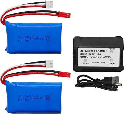 Batería de litio 2 piezas 7.4 V 1100 mAh con cargador 2 en 1 para WLtoys A949 A959 A969 A979 S989 V912 T23 T55 F45 A320 A321 RC Control remoto coche