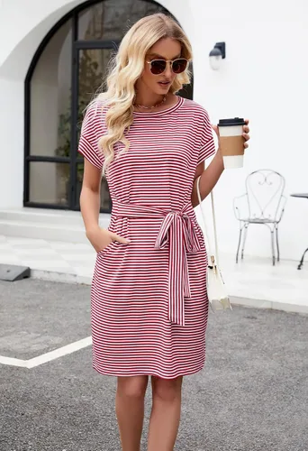Miniatura 6 de MEROKEETY - Vestido de verano con manga corta, a rayas, casual, estilo camiseta, con lazo en la cintura y bolsillos, para mujer