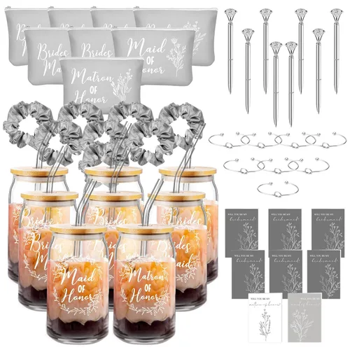 Miniatura 12 de Irenare Juego de 8 piezas de 48 piezas de regalos de dama de honor, regalos de dama de honor, vasos de vidrio de 16 onzas, bolsas de maquillaje