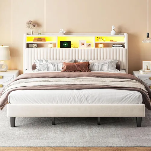 Miniatura 14 de Homkdom Base de cama de tamaño matrimonial, cabecera tapizada de canal vertical con estantes de almacenamiento, marco de cama de terciopelo con Beige