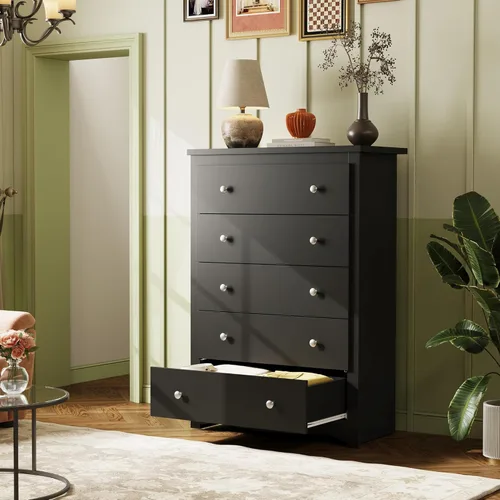 Miniatura 9 de WLIVE Cómoda de madera con 5 cajones, cómoda negra de 45 pulgadas de alto para dormitorio, cómoda, armario de almacenamiento y cajones organizadores