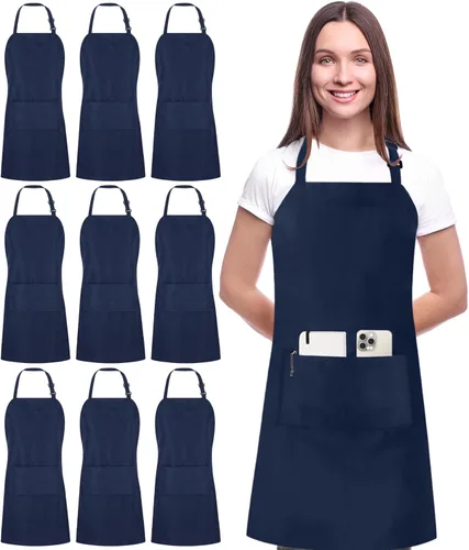 Miniatura 10 de Utopia Kitchen Paquete de 10 delantales ajustables con 2 bolsillos, resistente al agua y al aceite, delantal de chef de cocina para mujeres