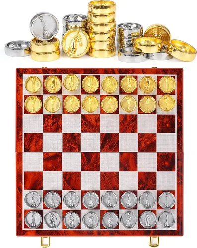 Miniatura 9 de Juego de ajedrez y damas de metal 2 en 1 para adultos y niños - Juegos de ajedrez de viaje de lujo de madera plegable con almacenamiento - Juego