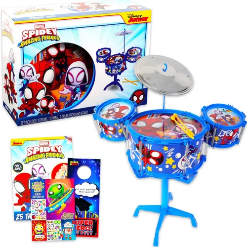 Spidey and His Amazing Friends - Juego de batería de juguete para niños, paquete con juego de música de batería de Spiderman, tatuajes Spidey, más |